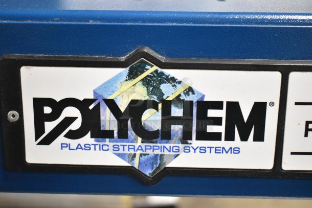 Polychem PC1000 Strapping Machine label indicating brand and model. Blue background with logo.