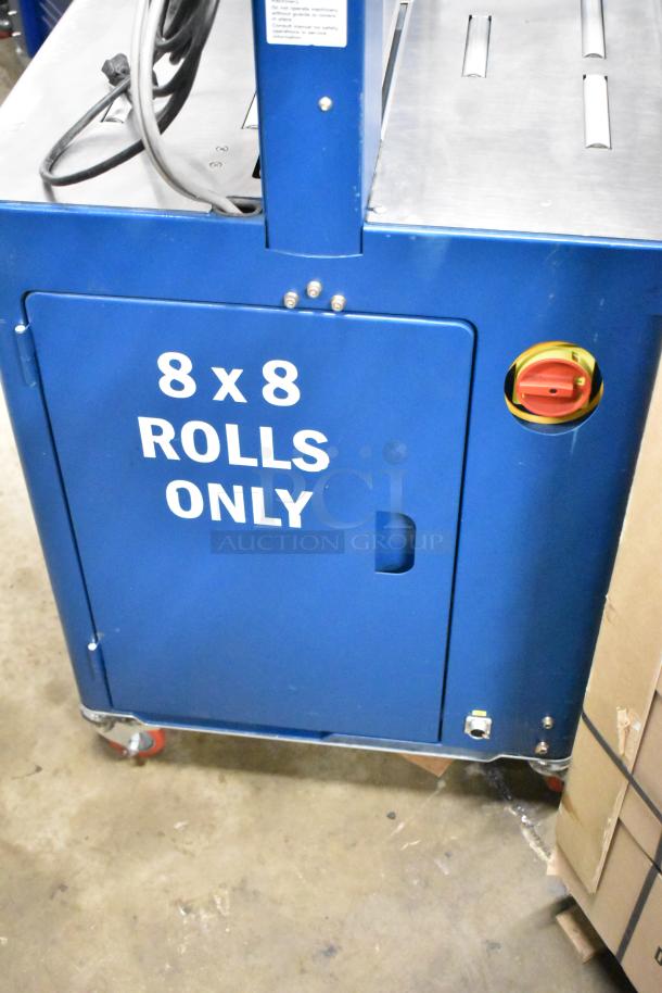 Polychem PC1000 automatic arch strapping machine on casters, marked "8x8 ROLLS ONLY," 115V, 1 Phase, commercial use.