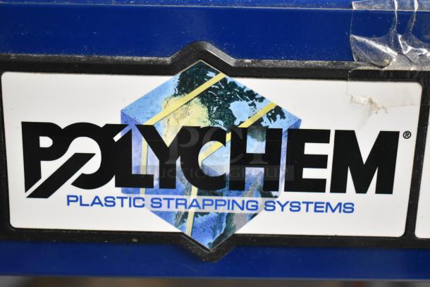 Polychem PC1000 automatic arch strapping machine label, featuring brand logo. 115V, 1-phase, on commercial casters.