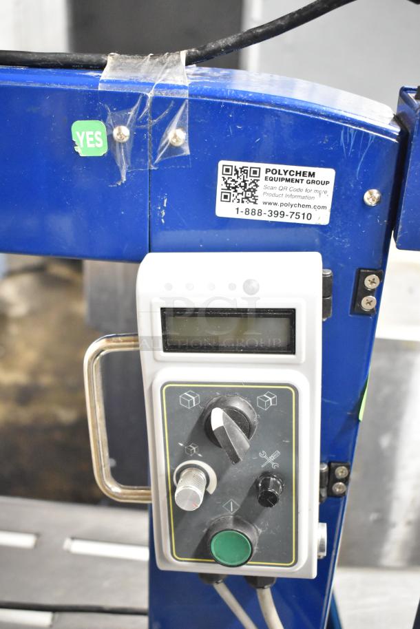 Polychem PC1000 automatic strapping machine, control panel visible, model label, 115V, 1 phase, on casters, used condition.