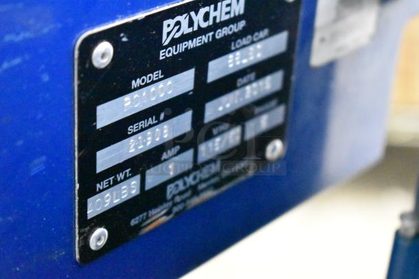 Polychem PC1000 Commercial Automatic Strapping Machine label, showing model, serial number, weight, and specifications.