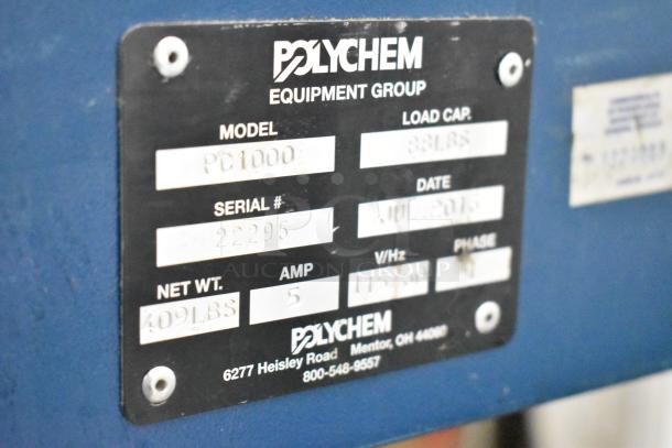 Polychem PC1000 strapping machine label showing model, serial number, load capacity, and electrical specifications.
