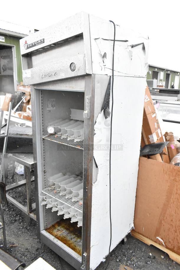 Victory VR-1 Commercial Single Door Cooler, missing door, 115 volts, 1 phase. Exterior damage, internal thermometer visible.