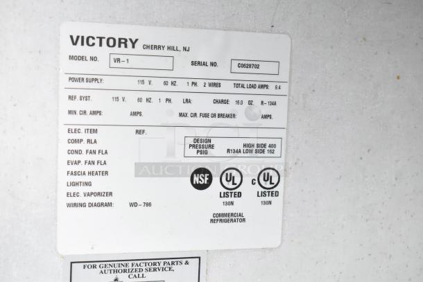 Victory VR-1 Cooler label showing model, 115V, 1 Phase. Missing door. UL and NSF listed. Serial C0628702.