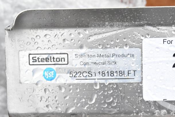Steelton 522CS1181818LFT commercial single bay sink with left side drain board, Steelton Metal Products label visible.
