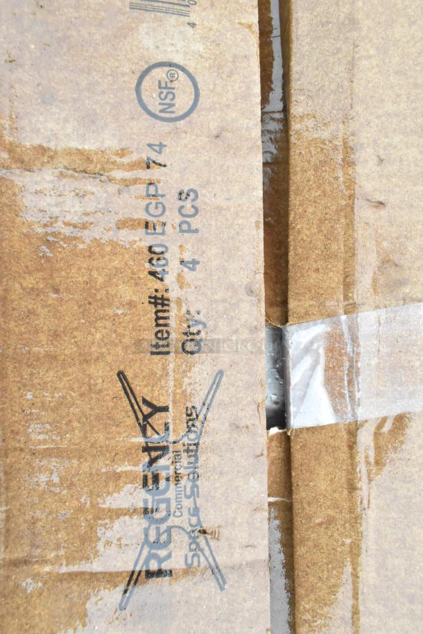 Brand new Regency 460EGP74 74" NSF green epoxy post packaging with markings; 4 PCS included. Slight scratch and dent.