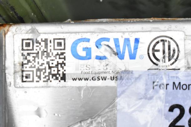 Commercial single bay wall mount sink with faucet and side splash guards, features GSW branding and NSF certification label.