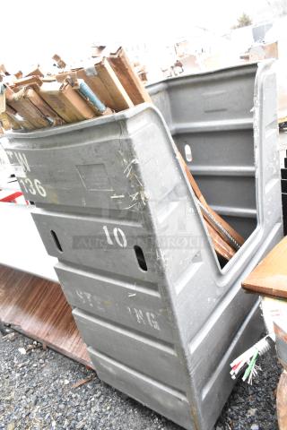 Gray poly portable cart in used condition, accompanied by 9 boxes of Regency 460EGP74 74" NSF Green Epoxy Post.