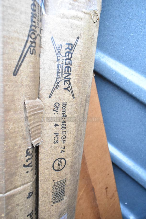 Gray Poly Portable Cart with 9 Boxes of Regency 460EGP74 74" NSF Green Epoxy Posts; boxes labeled "4 pcs each."