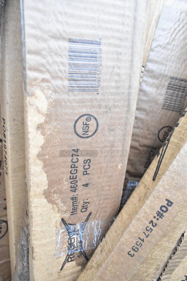 Gray poly portable cart and 9 boxes of Regency 460EGP74 74" NSF green epoxy posts. Some visible box wear.