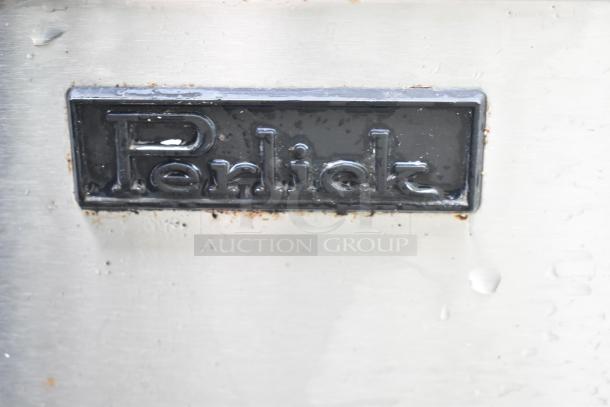 Perlick Commercial Drain Board, stainless steel, with doors and under shelf. Features a Perlick brand plaque. Good condition.