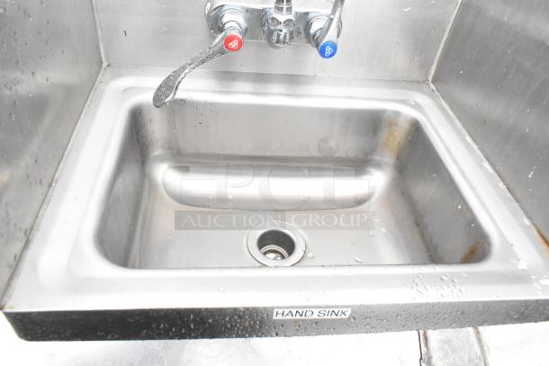 Stainless steel John Boos wall mount hand wash sink with faucet, handles, and side splash guards. "Hand Sink" label visible.
