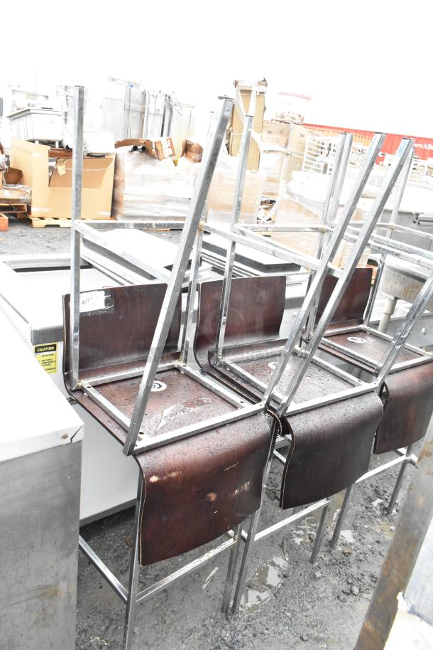 6 bar height chairs with metal frames and wooden seats. Visible wear and markings. Auction lot, condition varies.