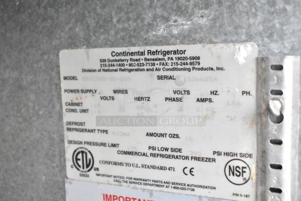 Continental BBUC50S-SS-SGD back bar cooler label, 115 volts, 1 phase, missing doors. NSF certified.