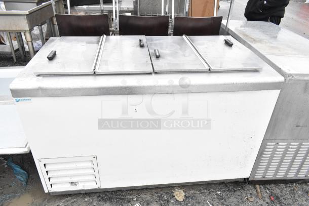 Excellence HFF-8-HC commercial chest freezer with 2 center hinge lids, visible logo, and ventilation panel; 115 volts, 1 phase.