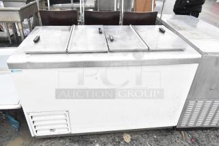 Excellence HFF-8-HC commercial chest freezer with 2 center hinge lids, visible logo, and ventilation panel; 115 volts, 1 phase.