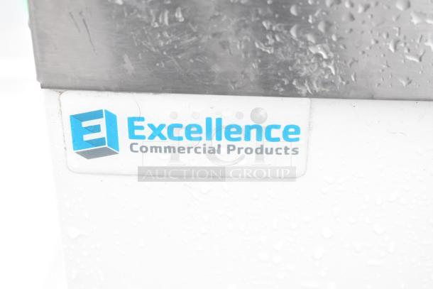 Excellence HFF-8-HC chest freezer, white, commercial grade, dual center hinge lids, 115 volts, 1 phase, brand logo visible.