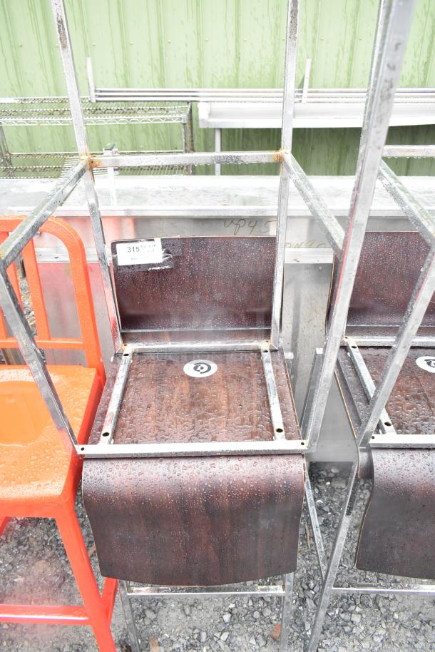 19 bar height chairs, wooden seat, chrome frame, label shows "315", outdoor condition, auction item.