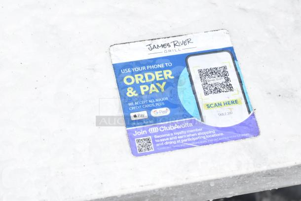 Dining height table with white top, black base. Visible QR code for ordering at James River Grill, labeled "Table 200."