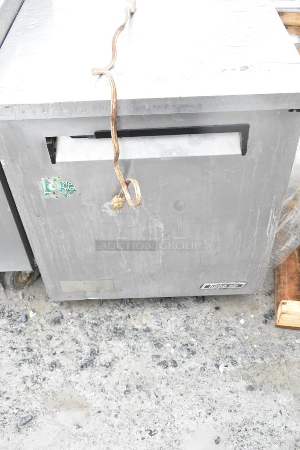 Turbo Air TUR-28SD undercounter cooler, single door, commercial casters, 115V, 1 phase, used condition with visible wear.