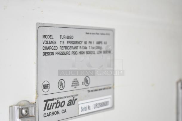 Turbo Air TUR-28SD commercial undercounter cooler label, 115 volts, R-134a refrigerant, UL certified.