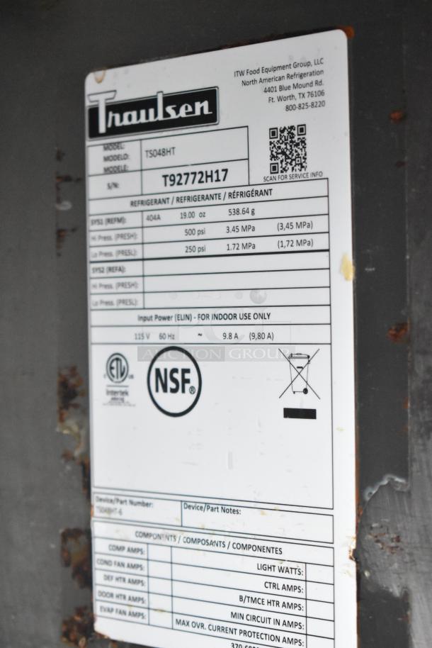 Label on Traulsen TS048HT pizza prep table showing model, serial number T92772H17, 115V, and NSF certification.