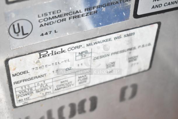 Close-up of label on Perlick 7260E-SIL-UL Commercial Back Bar Bottle Cooler detailing model, refrigerant, and voltage.