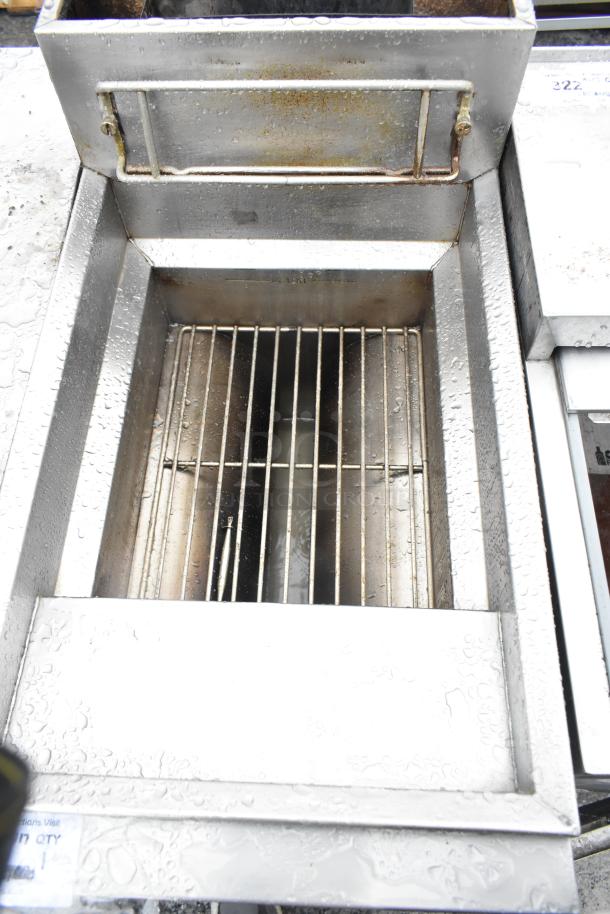Frymaster GF14SD commercial deep fat fryer, natural gas, 105,000 BTU, includes metal fry basket, used condition.