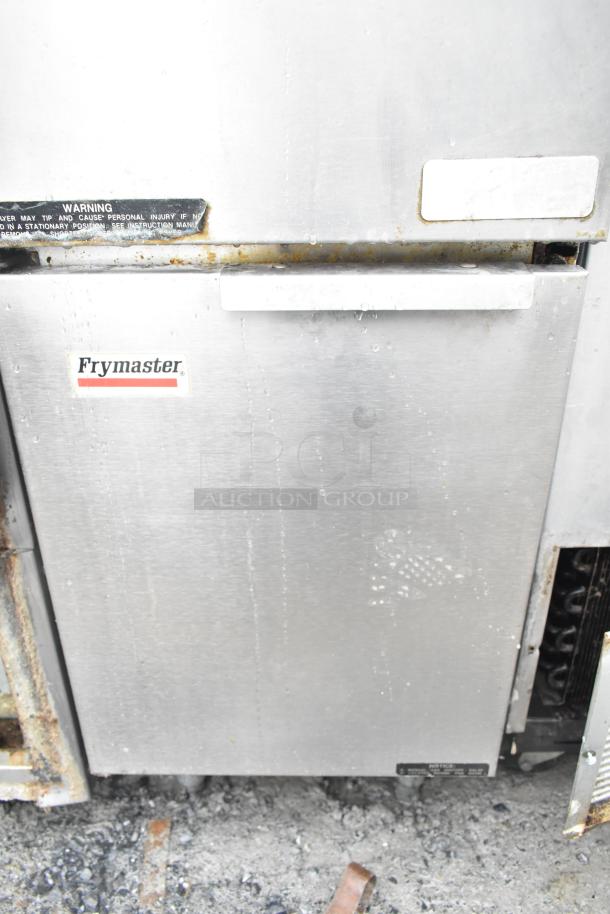 Frymaster GF14SD floor-style deep fat fryer with Frymaster label, natural gas, 105,000 BTU, used condition.