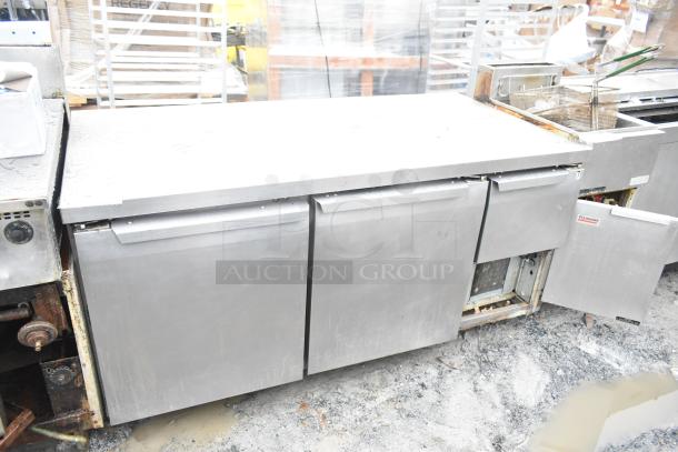 Continental CRA68 3 Door Undercounter Cooler, 115 Volts, 1 Phase. Stainless steel, commercial use, visible wear.
