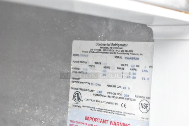 Continental CRA68 3 Door Undercounter Cooler label, 115V, 1 Phase, Model CRA68, Serial 156A8928, Refrigerant R-134A.