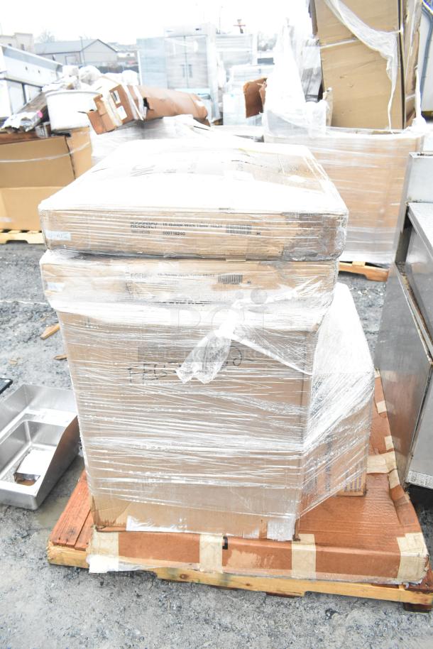 Pallet with new scratch and dent items, including Lavex cart and Steelton shelf kit, wrapped in plastic wrap for auction.
