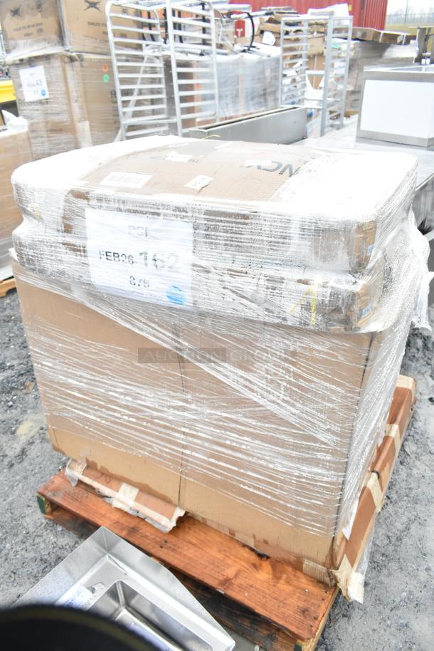 Palette with 6 new items, Lavex cart, Steelton shelf kit, table. Wrapped in plastic, labeled "FEB26-162 6x your bid." Scratch and dent condition.