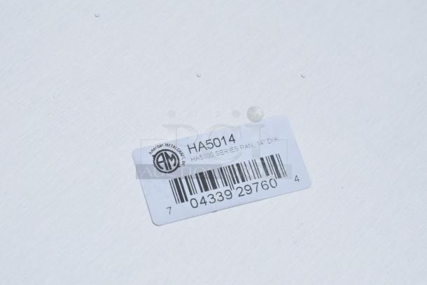 17 HA5014 round baking pans, 14" diameter, by American Metalcraft. Visible label with model and barcode.