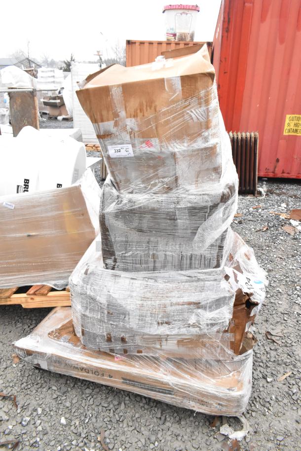 Bundle of five new scratch and dent items including utility cart and chair, wrapped in plastic. Labels indicate item code 332.