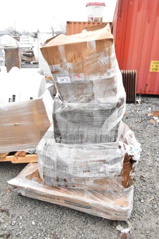 Bundle of five new scratch and dent items including utility cart and chair, wrapped in plastic. Labels indicate item code 332.