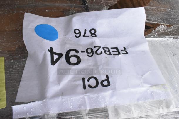 A crumpled label on a wrapped package, marked "FEB26-94" and "876." Contains a scratch and dent pump motor, sink, mop sink.