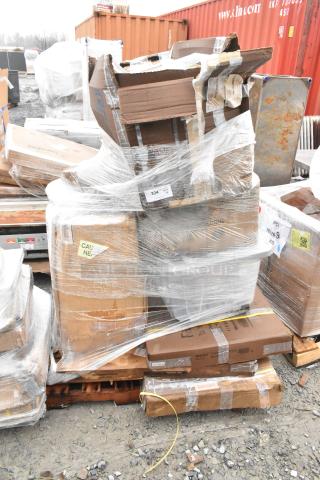 Bundle of 8 new scratch and dent items including pan rack, work table, ingredient bins on pallets, wrapped in plastic.