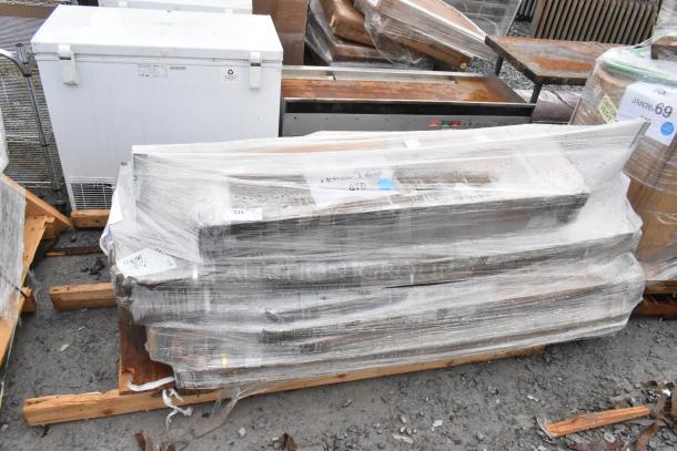 Five new scratch and dent items, including a wire shelf and U boat cart, wrapped in plastic. Tags show "FEB26-125."