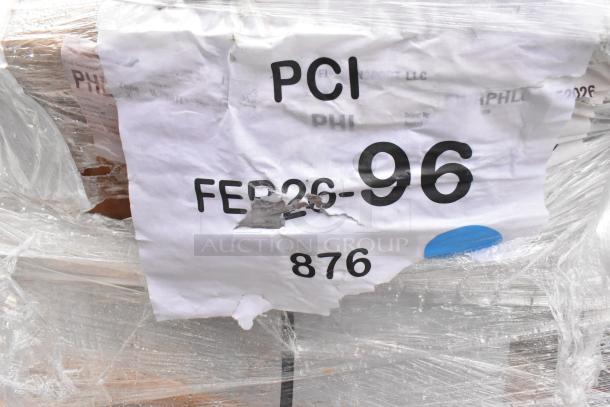 Plastic-wrapped items with label showing "PCI FEB26-96," indicating auction inventory. Includes sink and pot rack, scratch and dent condition.