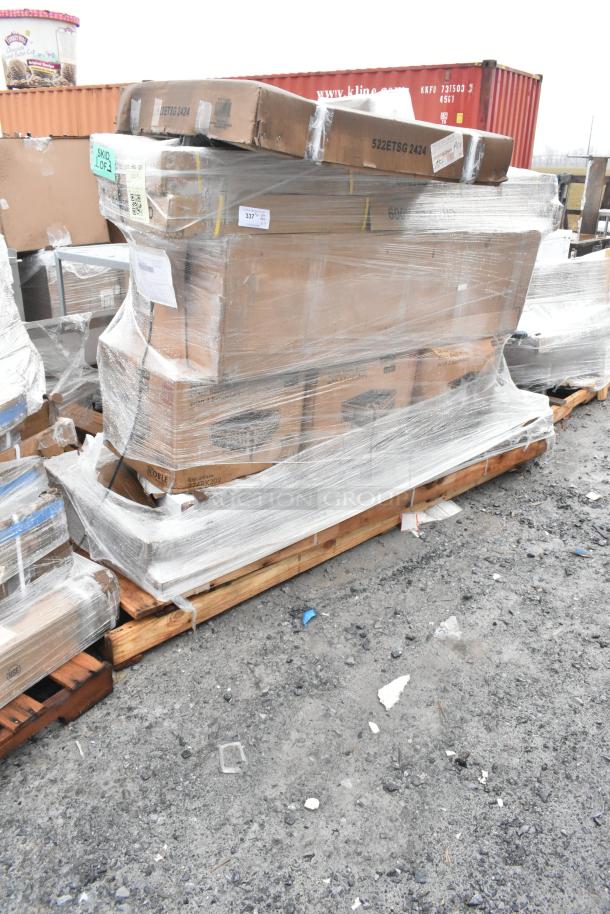 7 brand new scratch and dent items, wrapped on a pallet. Includes traffic door, bi-fold table. Condition noted.