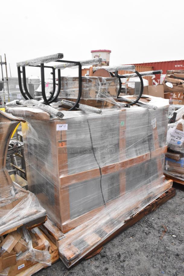 Pallet with 5 new scratch and dent items, including a beverage table and shelf, wrapped for shipping. Labels visible.