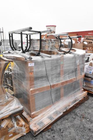 Pallet with 5 new scratch and dent items, including a beverage table and shelf, wrapped for shipping. Labels visible.