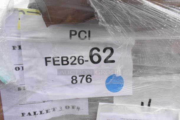 Five brand new scratch and dent items wrapped for auction, featuring beverage table, shelf. Label reads "FEB26-62 876."