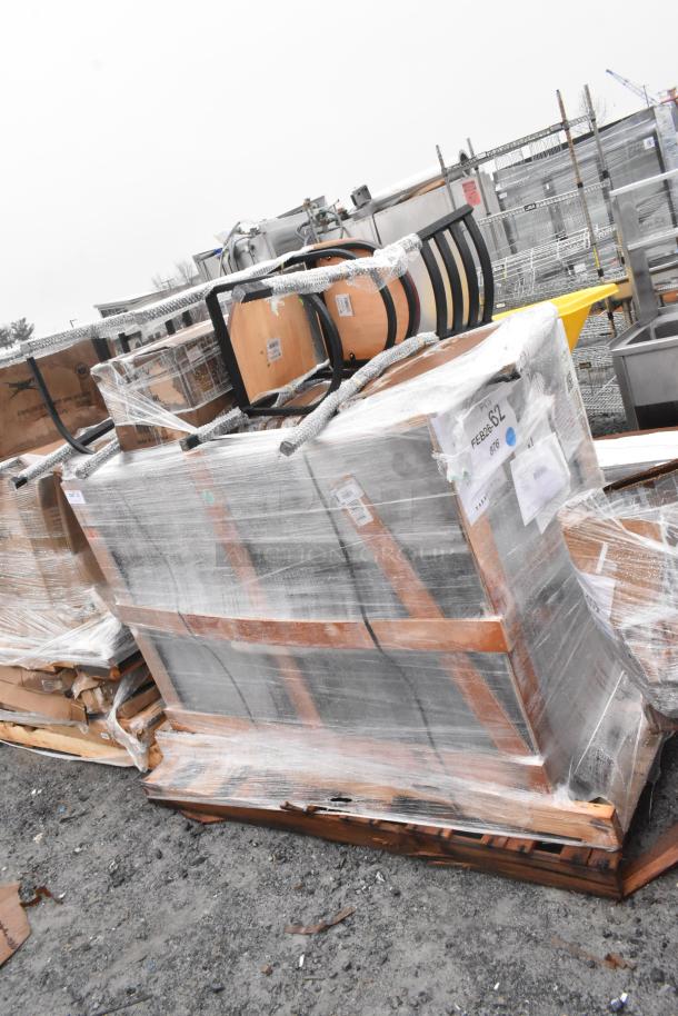 Pallet with 5 new scratch and dent items, including a beverage table and shelf, wrapped for auction. Label FEB26-62 visible.