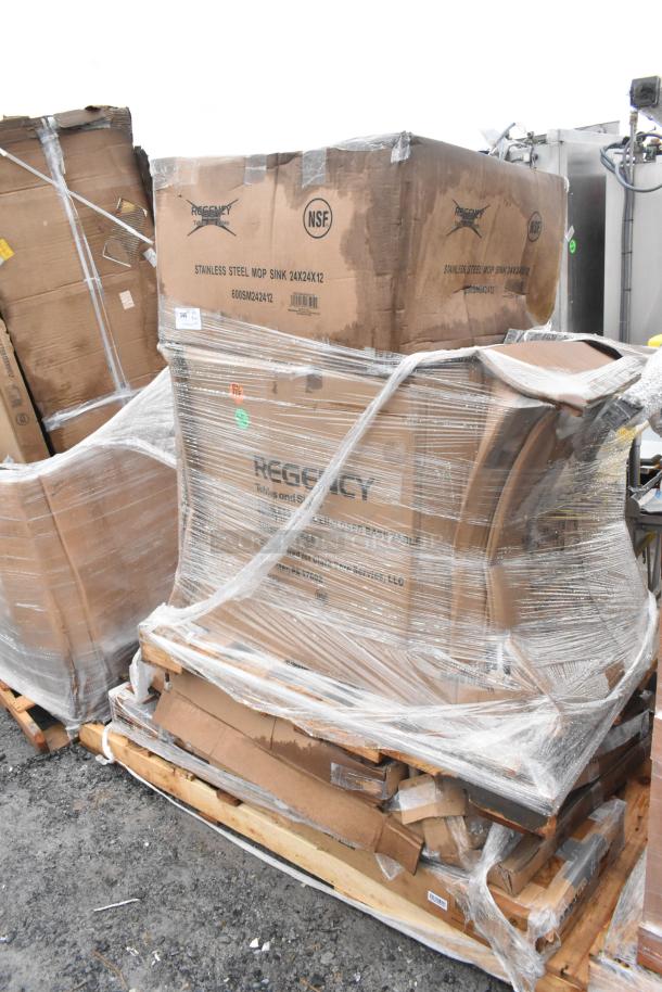 Pallet of 5 brand new scratch and dent items including a Regency table, boxed and shrink-wrapped, NSF labeled.