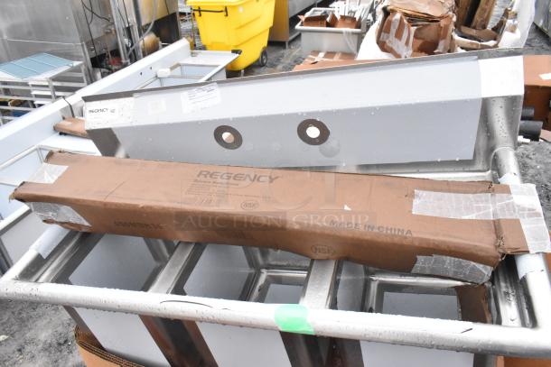 15 brand new scratch and dent items include a Regency sink and grease trap, visible in packaging. NSF certified, made in China.