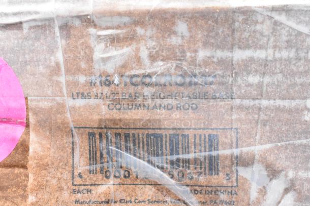 Cardboard packaging marked #164 TCO. ROD67, indicating bar height table base column and rod. Barcode and manufacturing info visible.