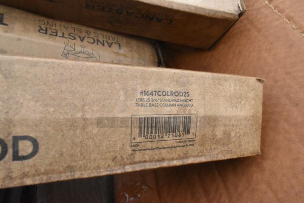 Cardboard box labeled "Lancaster Table & Seating," contains #164TCOLROD25 standard height table base column and rod, made in China.