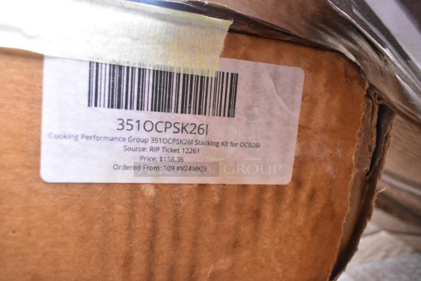 Label on box showing Cooking Performance Group Stacking Kit, model 3510CPSK26I, priced at $158.36, source RIP Ticket 12261.